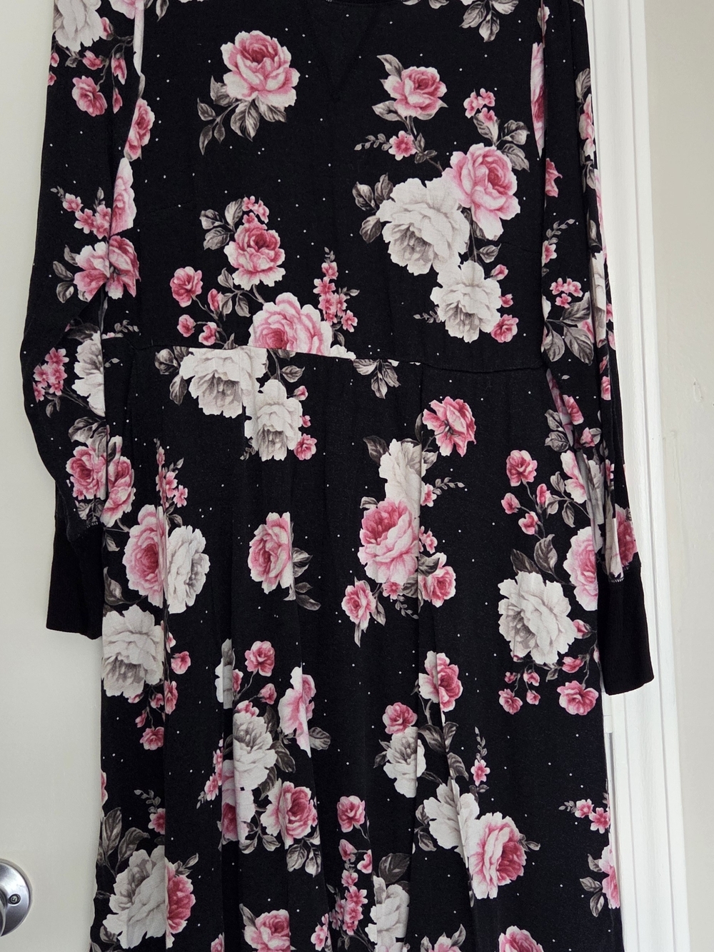 Torrid Knit Soft Black Long-Sleeve Fit & Flare Dress with Pink and Cream Roses